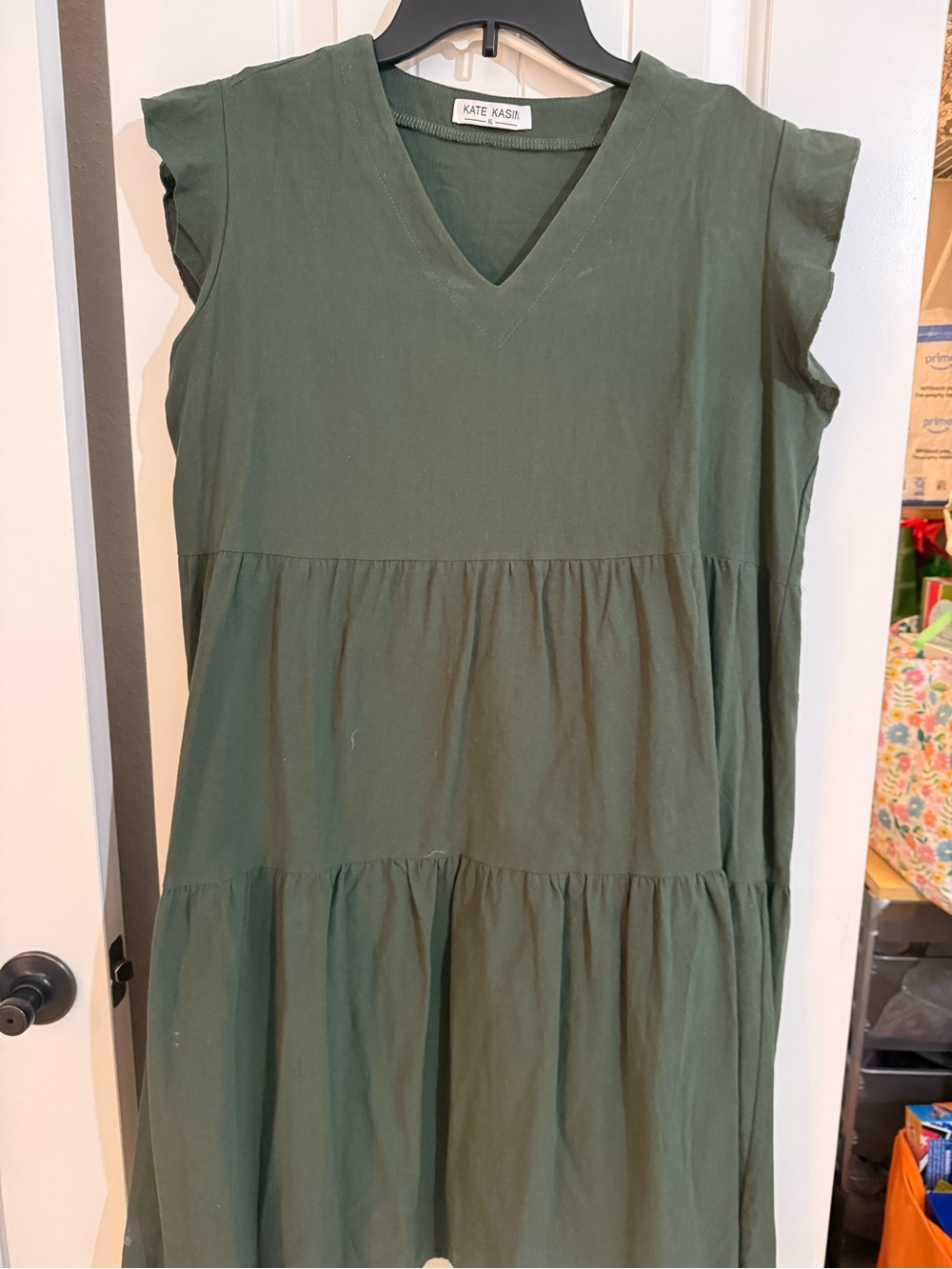 kate kasin Olive Green V-Neck Tiered Mini Dress